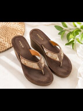 Coach Jolene Brown Signature Jacquard Wedge Flip Flop Sandals Y2K Size 8B
